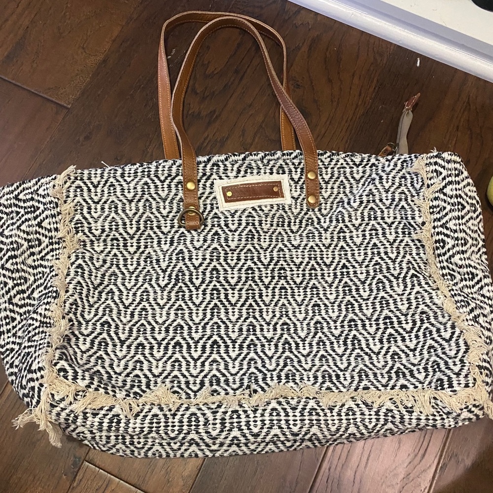 Myra Bag Black and Cream Woven Tote with Brown Leather Handles